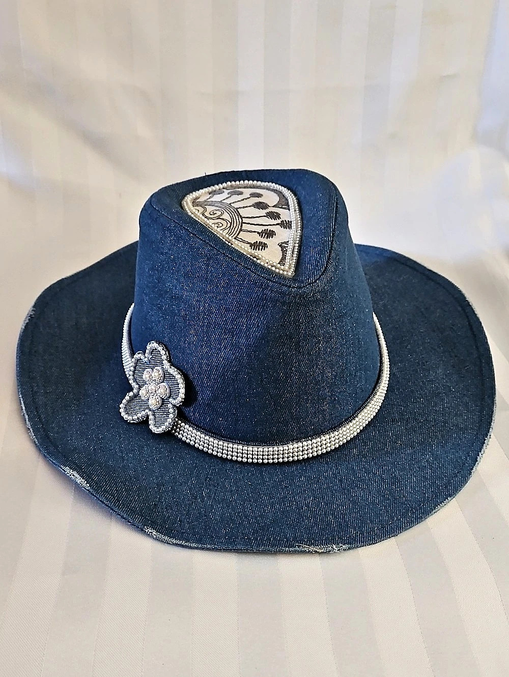 Western Denim Hat in Blue & Silver